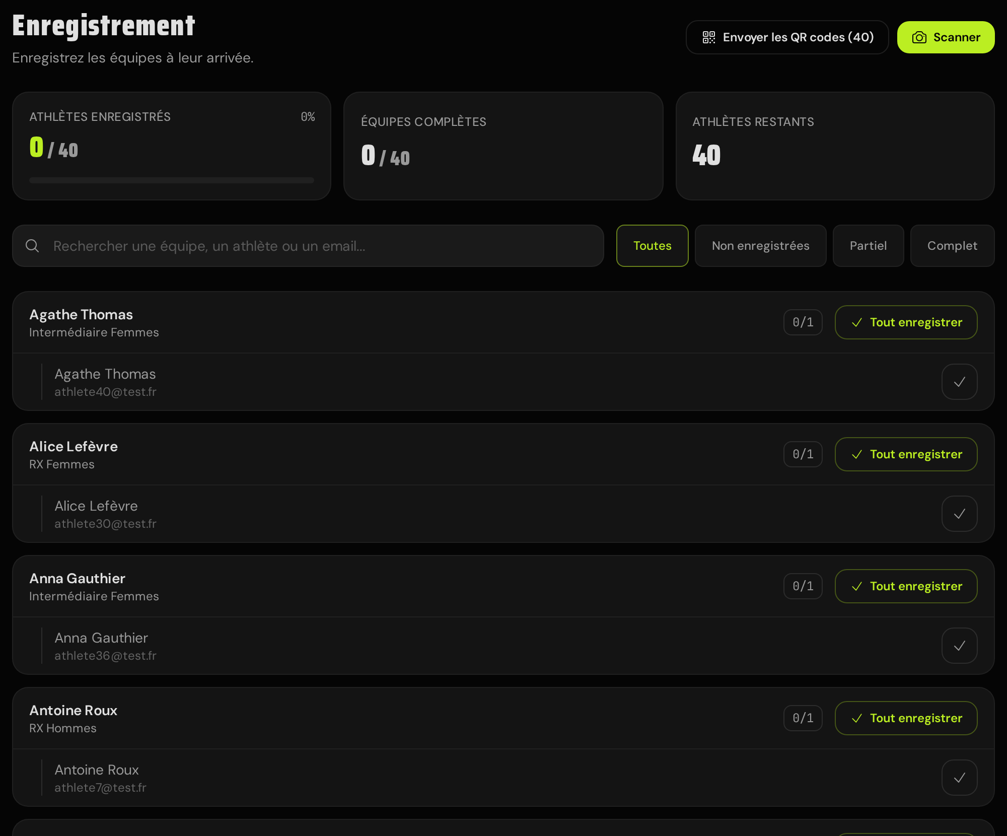 The check-in page: progress cards for athletes checked in, complete teams, and remaining athletes, a search bar with state filter pills, and team cards with per-member check-in toggles and a check-in-all button.