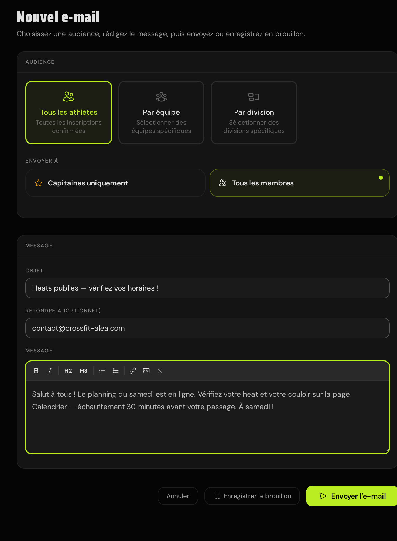 The compose form: audience cards for all athletes, by team, or by division, a captains-only or all-members toggle, subject, optional reply-to, and a rich text editor, with Save draft and Send buttons.