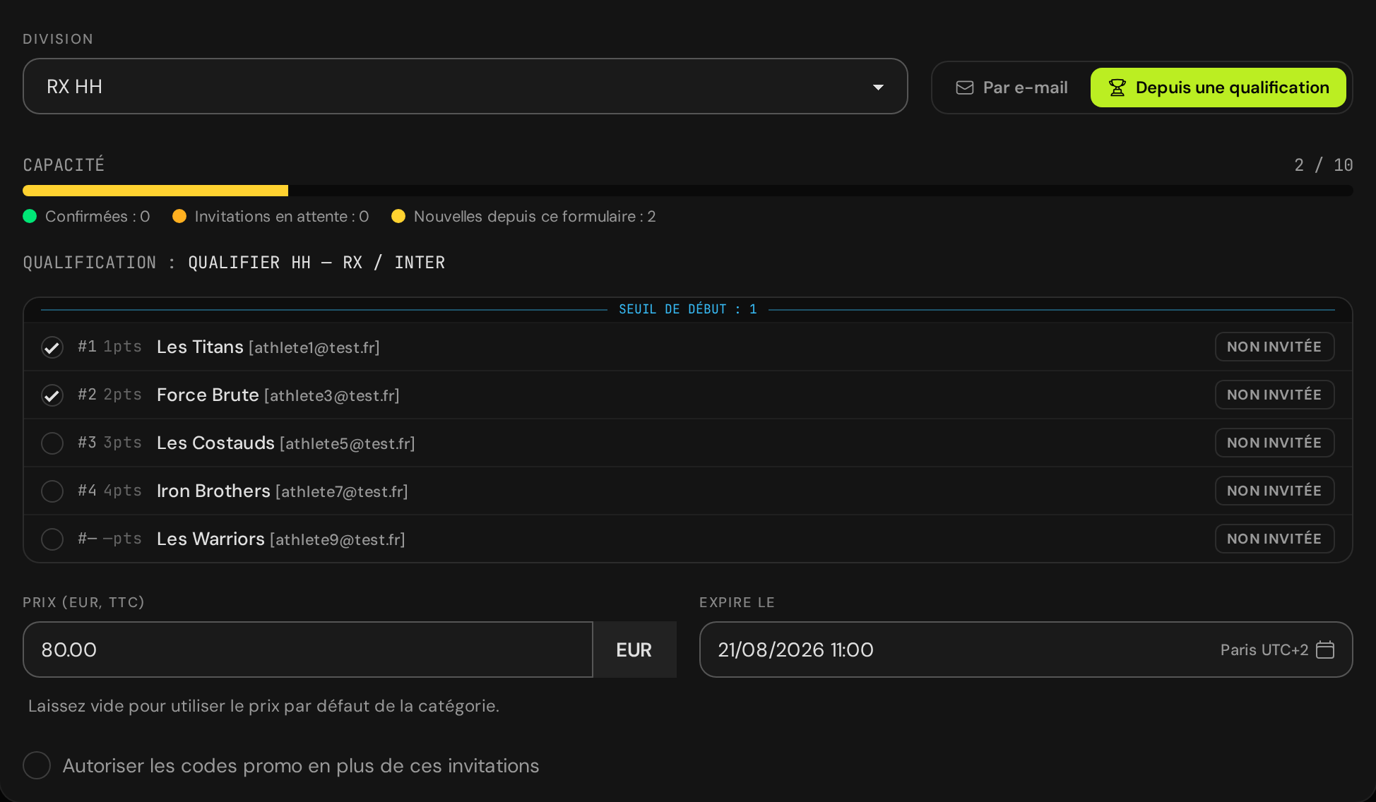 The invitation panel in "From qualifier" mode: division picker, capacity bar, the qualifier leaderboard with a cutoff divider and invitation-status badges, two teams selected, and the price and expiry override fields.
