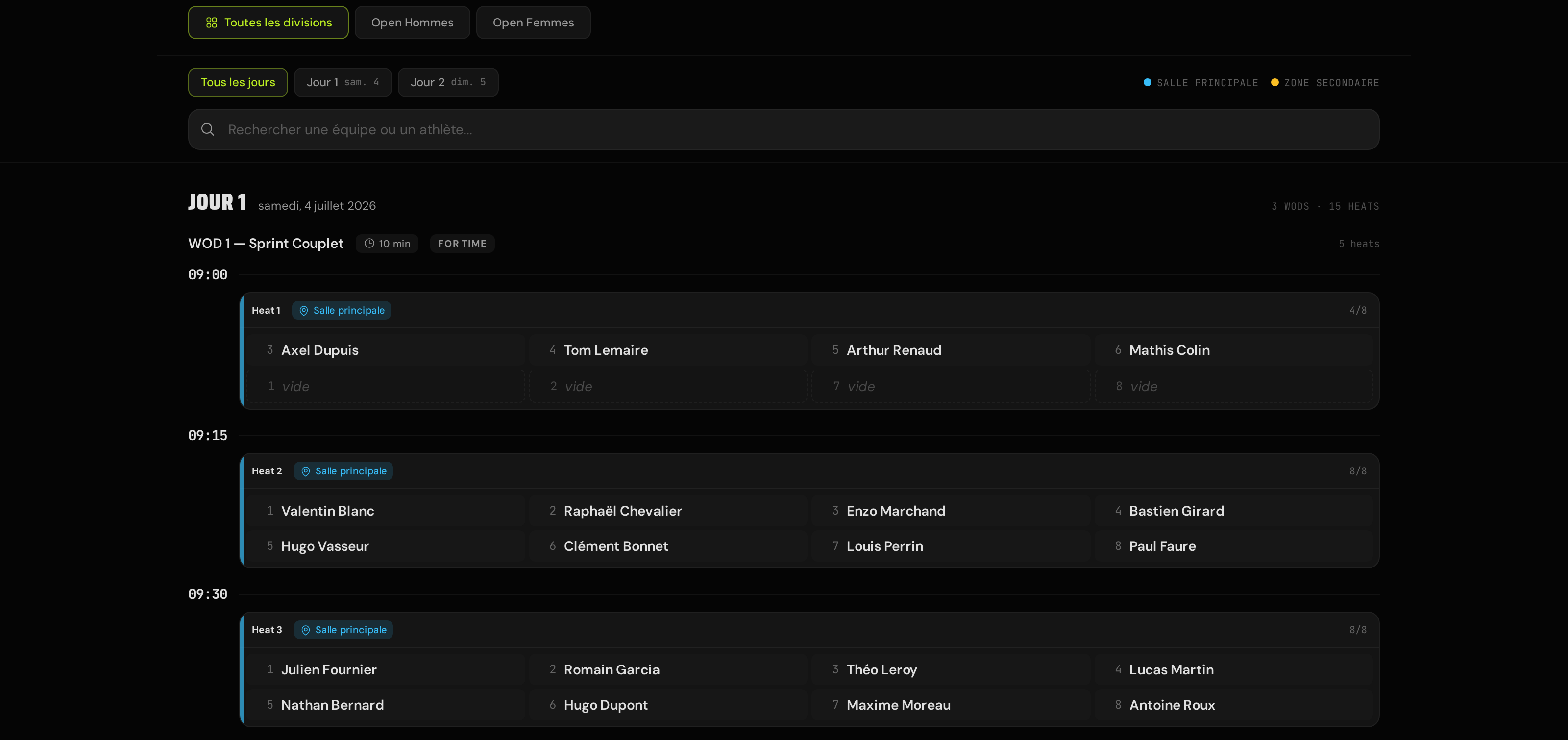 The public schedule page: division tabs, day filter pills, venue legend, team search, a day header, a workout strip with time cap and score type, and heat cards with venue badges and lane grids.