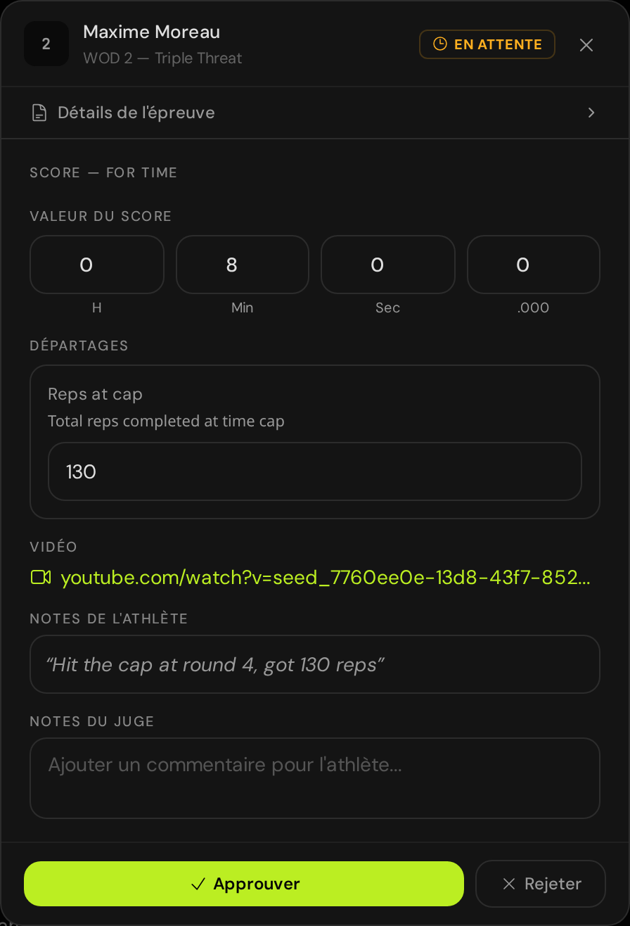 The score review modal for a pending submission: editable time inputs, a tiebreak value, the video link, the athlete's notes, a judge-notes field, and Approve / Reject buttons.